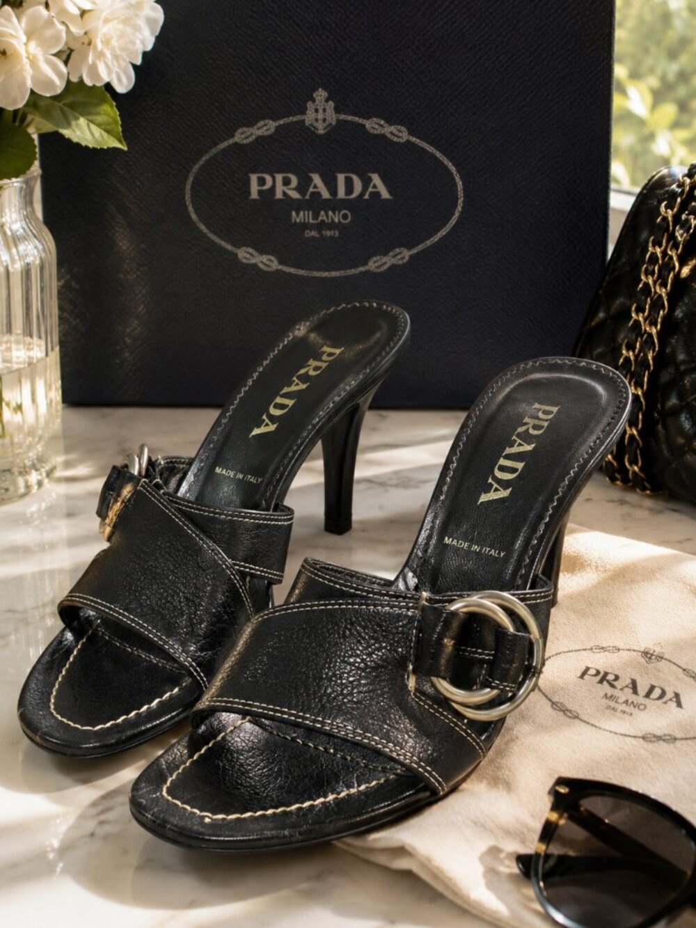 Prada Black Leather Mule Heels Ring Detail Sandals Italy EU 37.5 US 7.5